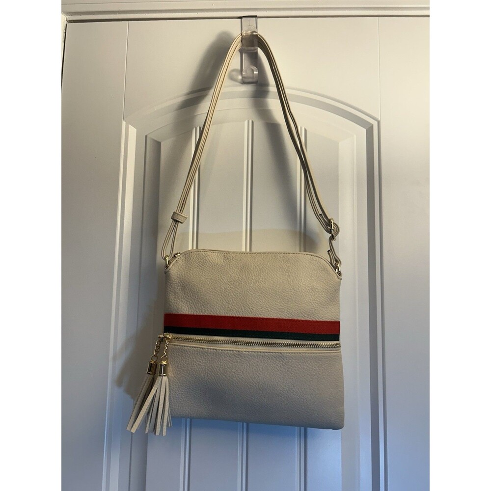 Cream Crossbody Purse Red Green Stripe Tassel Leopard Lining Retro Chic - Picture 3 of 12